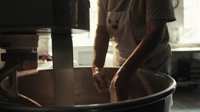 Close up of female baker hands adding yeast or flour into industrial spiral dough mixer bowl for kneading process. Production of fresh baked goods in professional kitchen. Female baker adds yeast to b