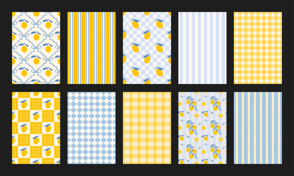 Italian summer seamless pattern collection. Gingham, striped and checkered backgrounds with hand drawn lemons. Repeat prints for wrapping paper, fabric and textile. Vector illustration set
