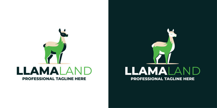 Minimalist Alpaca Vector Logo Design Featuring Proud Standing Llama on White and Dark Teal Backgrounds