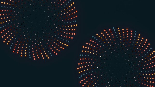 Elegant seamless 3D loop featuring two rotating orange and blue dotted discs on a dark green background. Diagonal composition with center copy space ideal for corporate infographics and dashboards