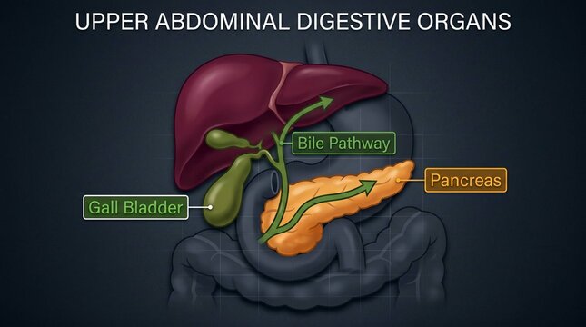Labeled Diagram of Gallbladder Bile Pathway and Pancreas Anatomy