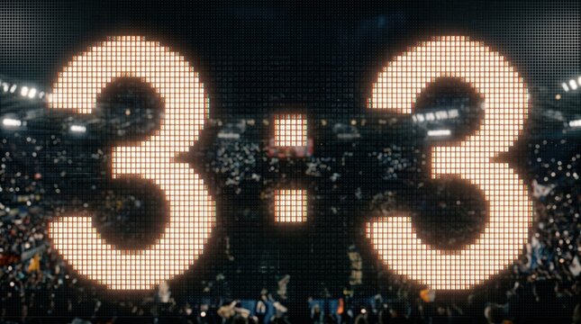 Scoreboard Display: A vibrant digital scoreboard in a packed stadium shows a tie score of 3:3, with illuminated numbers glowing brightly against a dark background.