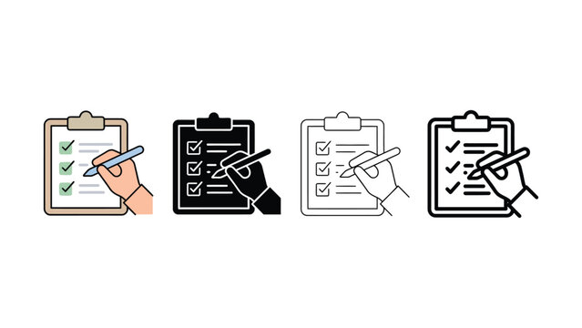 Four different colored clipboard icons with hand holding pen checking boxes
