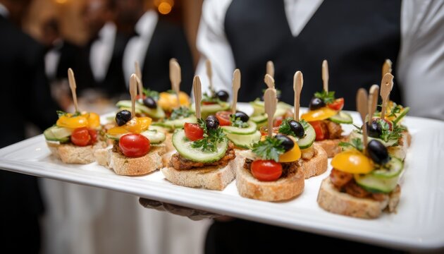 Gourmet bruschetta appetizers served on a white platter by a waiter at a catering event or wedding reception
