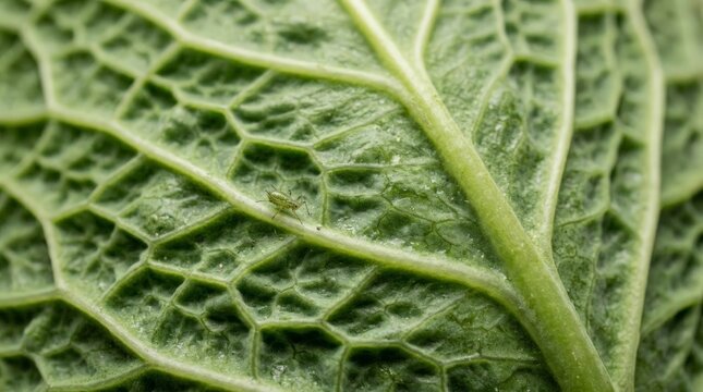 Extreme close up of a small green aphid insect on cabbage leaf.