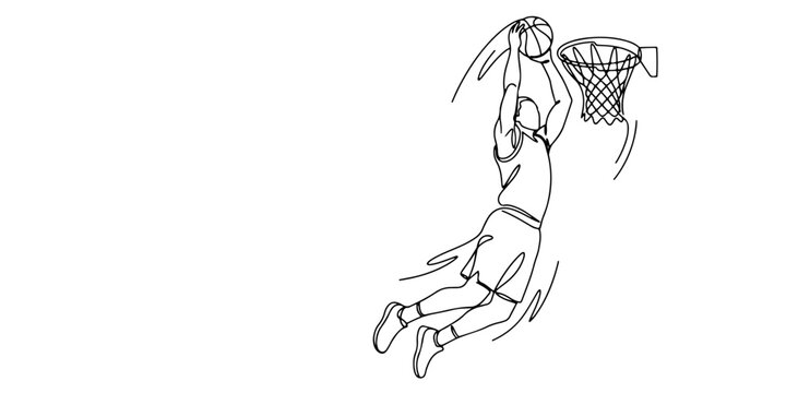 Illustration of basketball player executing a slam dunk, hand drawn line art vector outline illustration.