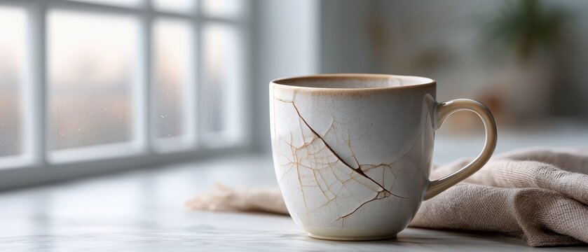 A cracked ceramic mug sits on a kitchen table with soft morning light falling on its surface, representing the end of normalcy
