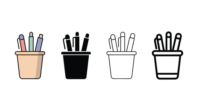 Four different colored pencil holders with various writing utensils inside office supplies