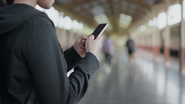 Traveler using a smartphone at a train station, ideal for checking schedules, mobile tickets, travel apps, navigation, public transport and journey planning.