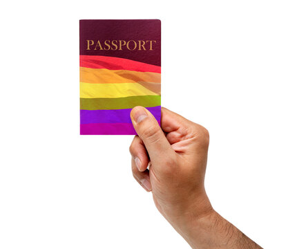 Holding lgtb passport over isolated white background.