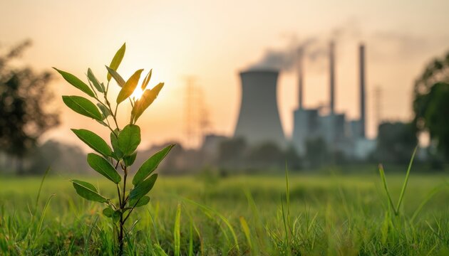 Green plant sapling growing in a grassy field with a coal power plant emitting smoke in the at sunset