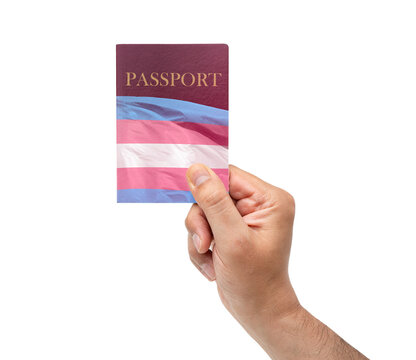 Holding trans passport over isolated white background.