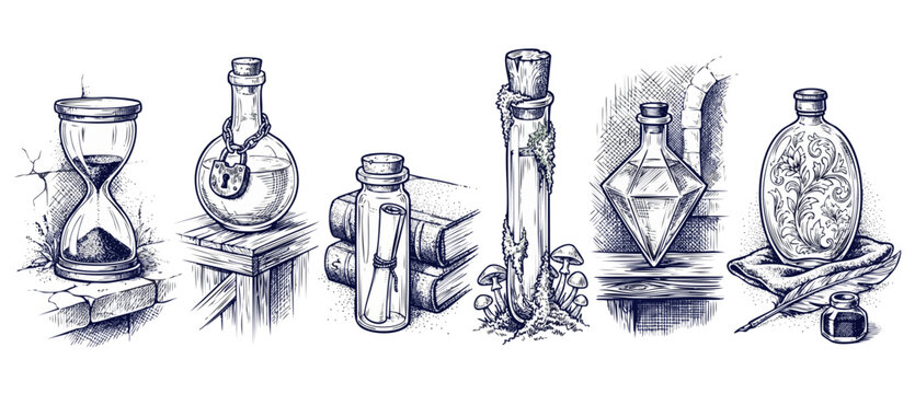 Magic potion bottles vintage sketch containing hourglass, secret scroll, ancient books, quill inkwell, and witch wizard alchemy ingredients, isolated line art engraving illustration for RPG game.