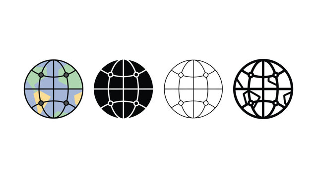 Four different globe grid line icons on white background
