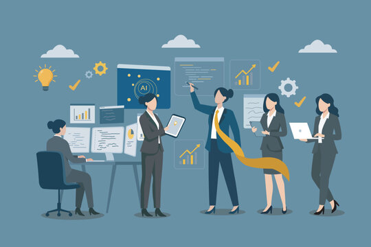 Women in Tech Analyzing Data Dashboard and Artificial Intelligence Concept Vector, Artificial Intelligence and Data Analytics Concept