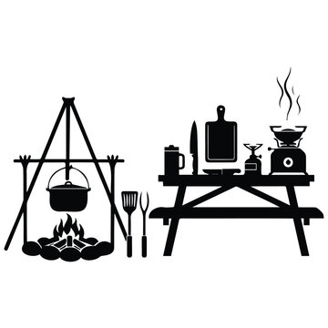 Camping cooking setup vector silhouette illustration cooking pot over campfire and picnic table with gear.