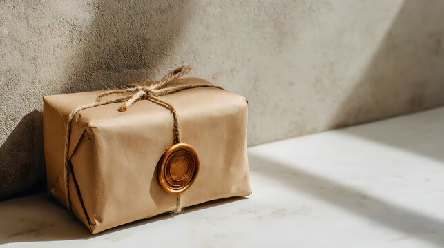 Rustic Gift Package Wrapped in Brown Kraft Paper and Sealed with a Gold Wax Stamp