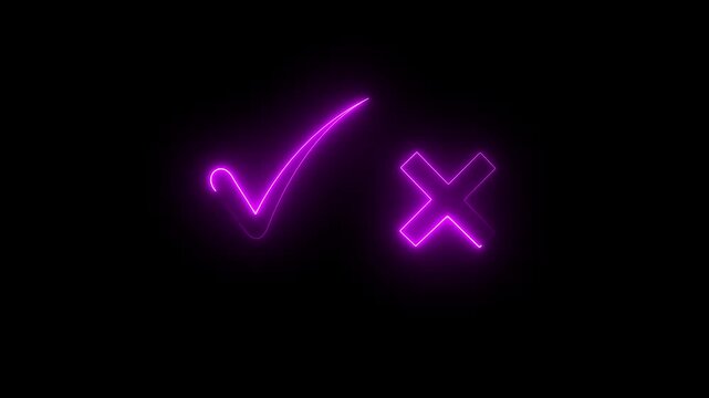 Tick or check mark signs neon icon animation. right and wrong animated neon icons, False and true. Correct and incorrect, "Minimal neon Check Mark and Cross Icon in Circle on Black Background.4k video