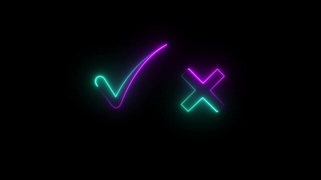 Tick or check mark signs neon icon animation. right and wrong animated neon icons, False and true. Correct and incorrect, "Minimal neon Check Mark and Cross Icon in Circle on Black Background.4k video