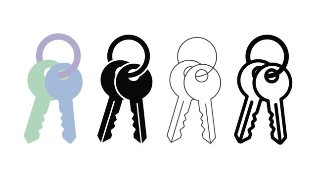 Four pairs of keys in different colors and line styles on white background