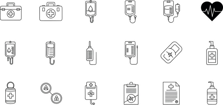 Medical line icons set with first aid kit blood bag iv drip sanitizer and emergency healthcare hospital vector elements