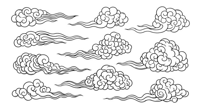 Chinese cloud vector elements set. Linear clip art oriental Japanese, Thai, Tibetan, Korean style wind.