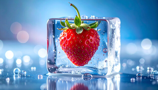 Fresh Ripe Strawberry Frozen Inside a Transparent Ice Cube with Bokeh Background for Summer Refreshment Concept