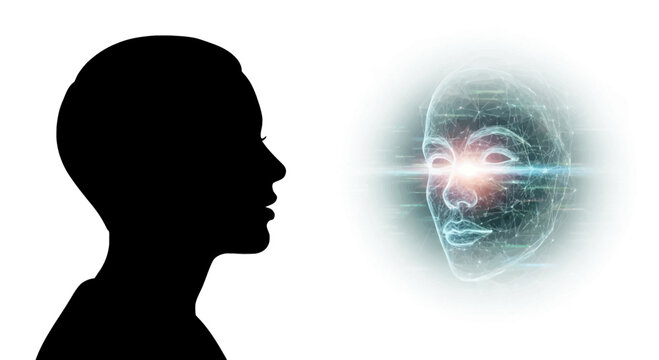 Silhouette of person facing digital human face with glowing effect