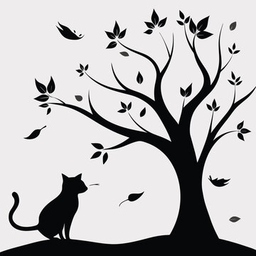 Silhouette of a cat underneath a tree with falling leaves in artistic vector illustration