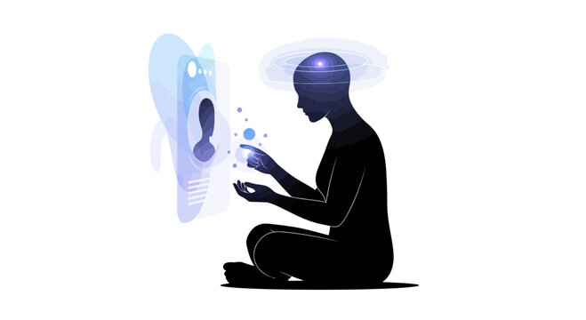 Man sitting crosslegged with glowing blue digital interface