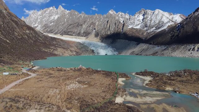 Drone Flyover of Bujia Snow Mountain Glacier and Turquoise Lake, Tibet