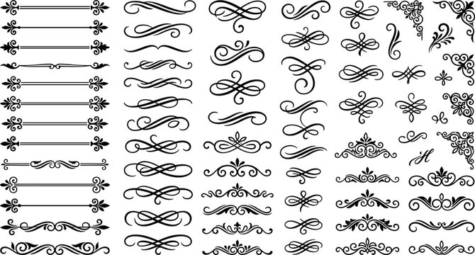 Elegant black vintage calligraphic dividers and ornamental corners collection vector set for luxury wedding invitations book decoration