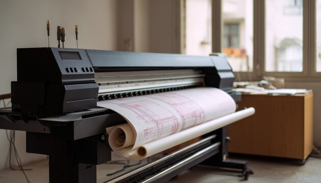 Large format plotter printer printing a technical drawing in a bright office studio