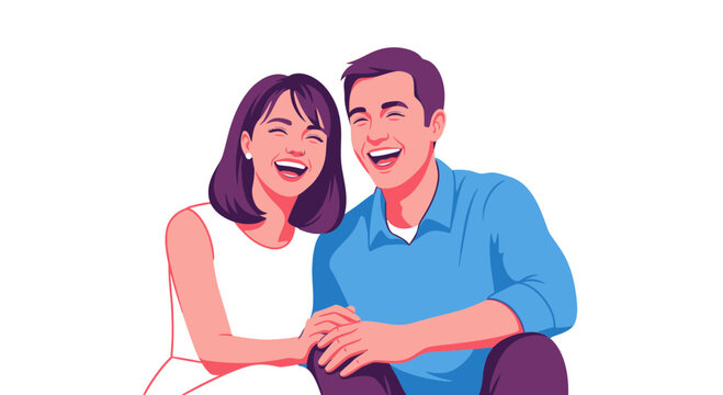 A happy couple sits together smiling warmly indoors.