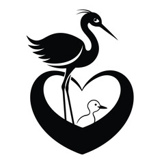 Elegant black and white silhouette of a mother stork and baby bird within a heart © Creative Graphic Des