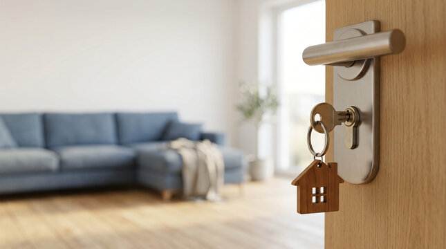 Focus on the core elements: keys, house, open door, and the implication of entering a home.
