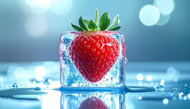 A vibrant red strawberry frozen inside a melting ice cube, surrounded by water droplets and a cool blue background.