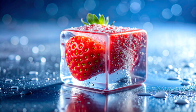 A vibrant red strawberry frozen inside a clear ice cube, resting on a wet surface with water droplets.