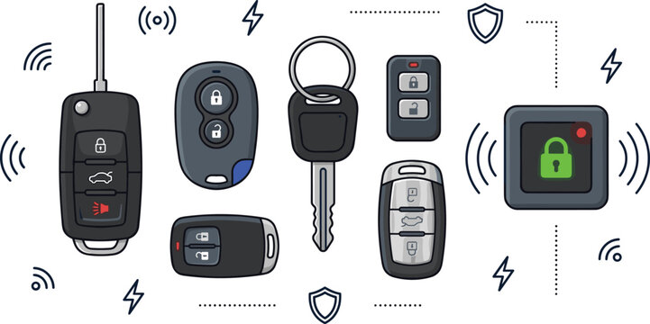 Automotive remote keyless entry fobs and car keys set with alarm security signals lock system buttons and smart vehicle defense flat vector illustration