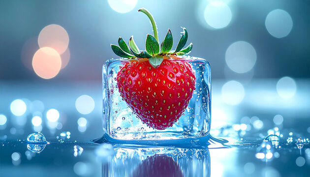 A vibrant red strawberry encased in a melting ice cube with water droplets on a reflective surface and a blurred blue bokeh background.