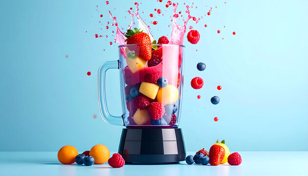 A vibrant blender filled with colorful fresh fruits splashing against a blue background, ready for a healthy drink.