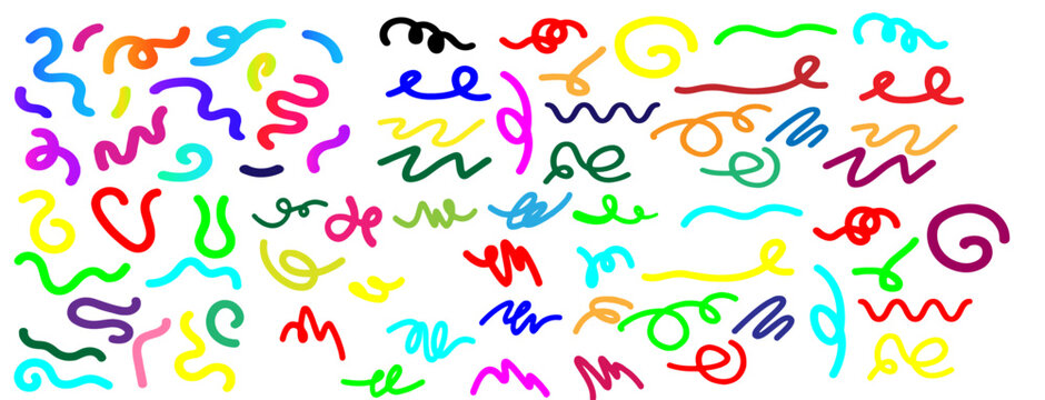 Abstract line shape pattern collection. Hand drawn squiggle wave swirl curves with geometric organic random flowing texture. Playful kids party confetti festival celebration background, Vector