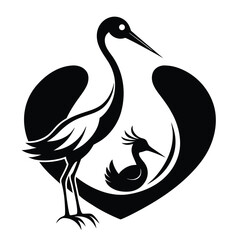 Elegant vector illustration of a stork and baby bird inside a heart-shaped design © Creative Graphic Des