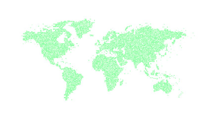 Obraz premium Green dotted world map on white background with abstract particle texture and global geography design. Vector eco style map illustration for international, travel and environmental themes.