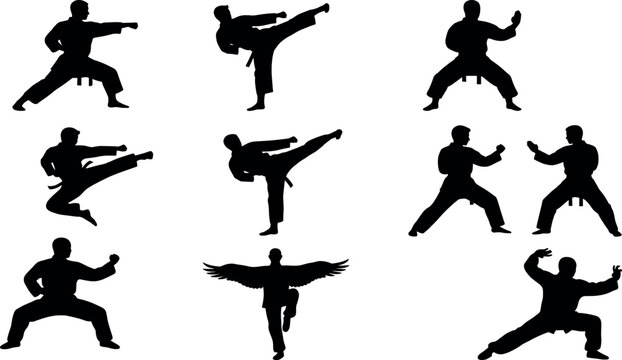 Martial arts karate and kung fu fighter black silhouette vector icon set for sports training center website commercial design