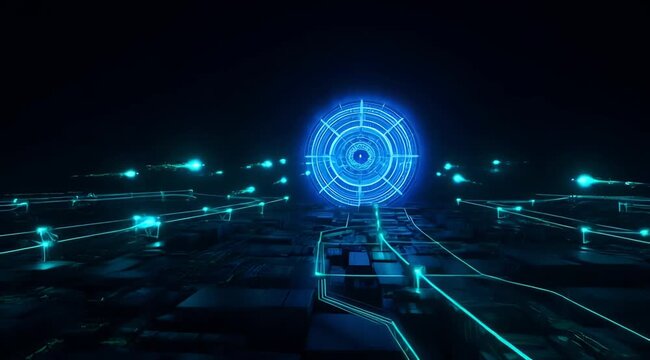 Futuristic Digital Landscape with Glowing Blue Circular Patterns and Illuminated Grid Structures