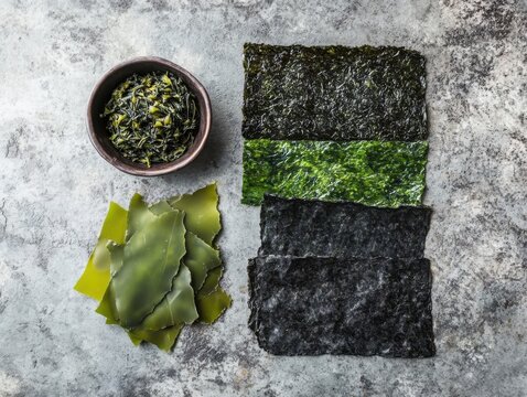 Assorted dried sea vegetable snacks placed on natural stone surface emphasizing sustainable eating habits and environmentally mindful food selection