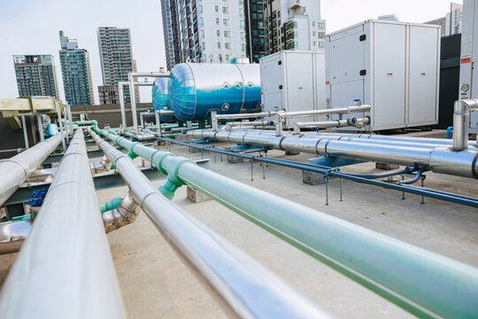 Hot water system for hotel buildings, rooftop hot water piping system.