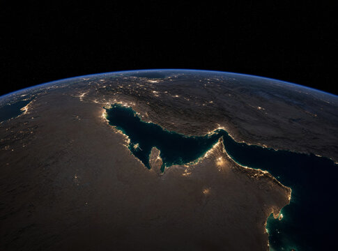 Strait of Hormuz and Arabian Gulf at Night Viewed from Space | Orbital view of the Strait of Hormuz, Arabian Gulf, and surrounding Middle Eastern coastline illuminated at night