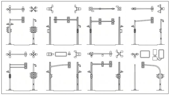 Smart Traffic Light Pole CAD Symbols Collection Intelligent Traffic Signals Urban Mobility Infrastructure Technical Vector Drawings